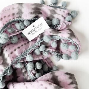 NWT Nordstrom Roffe Pom Pom Tie Dye Scarf Shawl‎ Coverup Wrap Purple Gray